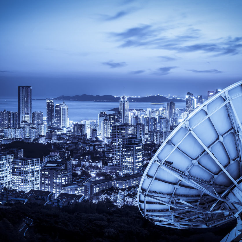 Satellite signal receiver over the city